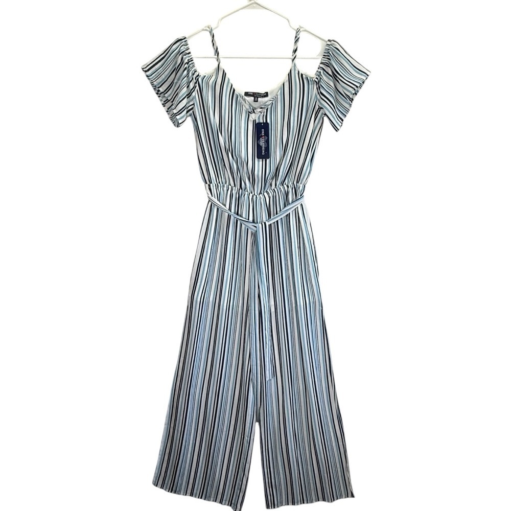 One Clothing Blue Striped Off-Shoulder Jumpsuit. Size S